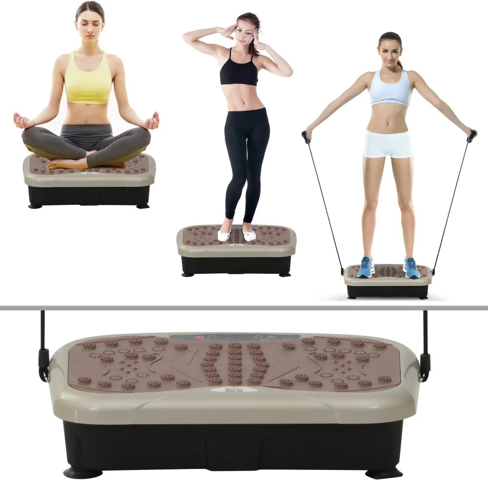 Três formas de usar a plataforma: sentada, de pé e com as bandas elásticas