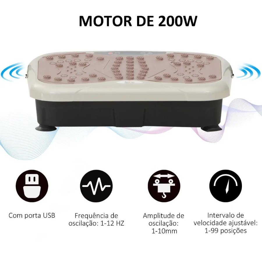 Esquema do motor de 200 W: porta USB, frequência 1–12 Hz, amplitude 1–10 mm e 99 posições de velocidade